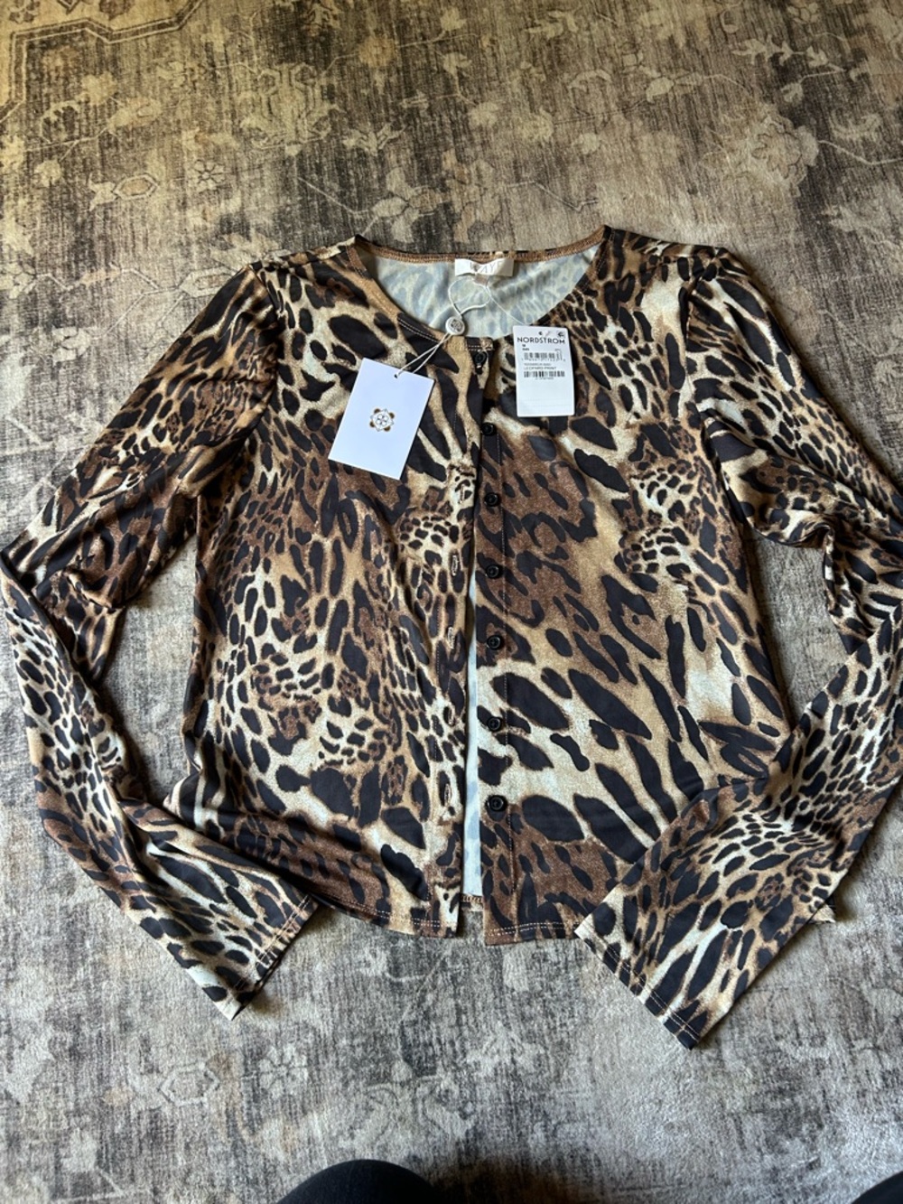 Nordstrom Brown sheer Leopard-Print Long Sleeve cardigan